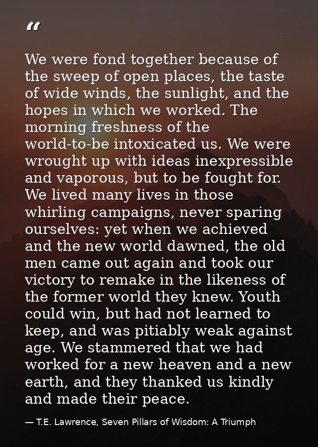 We were fond together because of the sweep of open places, the taste of wide winds, the sunlight, and the hopes in which — T.E. Lawrence, Seven Pillars of Wisdom: A Triumph