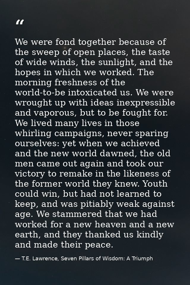 We were fond together because of the sweep of open places, the taste of wide winds, the sunlight, and the hopes in which — T.E. Lawrence, Seven Pillars of Wisdom: A Triumph