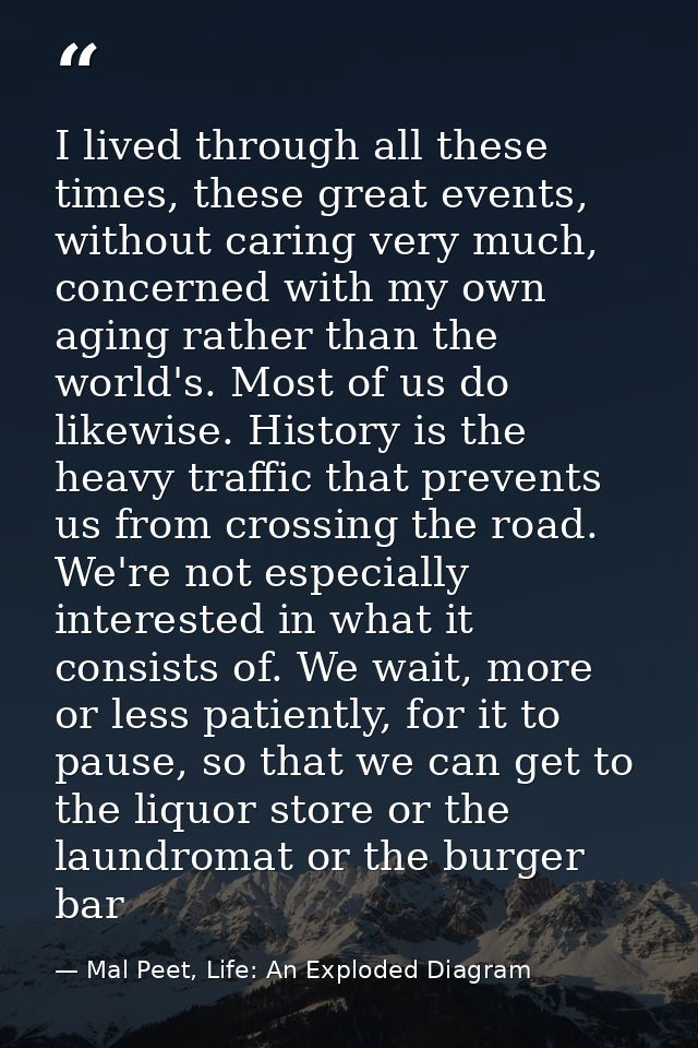 I lived through all these times, these great events, without caring very much, concerned with my own aging rather than t — Mal Peet, Life: An Exploded Diagram