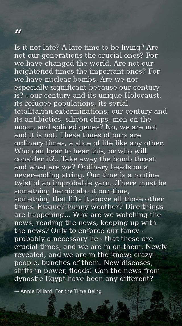 Is it not late? A late time to be living? Are not our generations the crucial ones? For we have changed the world. Are n — Annie Dillard, For the Time Being