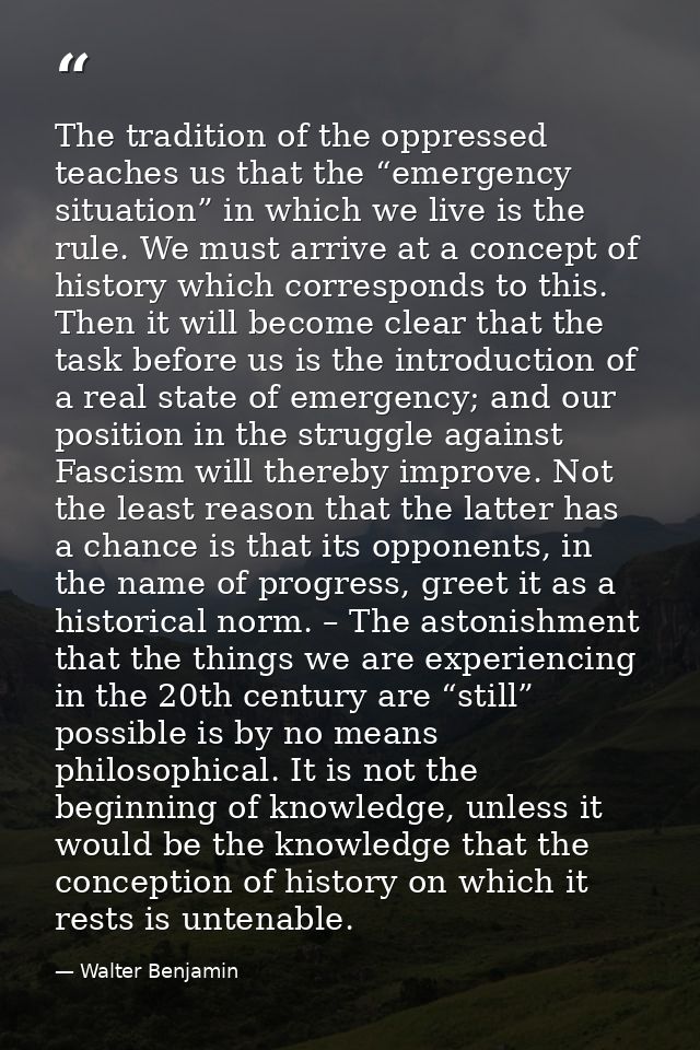 The tradition of the oppressed teaches us that the “emergency situation” in which we live is the rule. We must arrive at — Walter Benjamin