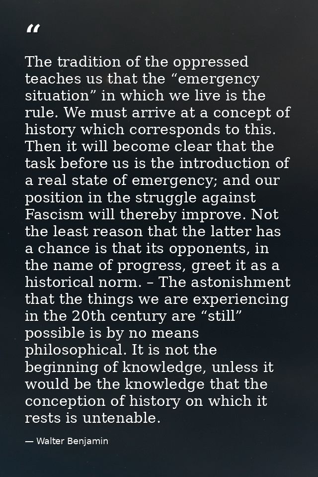 The tradition of the oppressed teaches us that the “emergency situation” in which we live is the rule. We must arrive at — Walter Benjamin