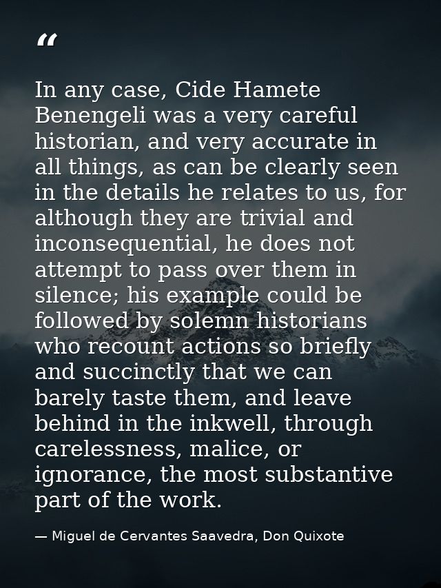 In any case, Cide Hamete Benengeli was a very careful historian, and very accurate in all things, as can be clearly seen — Miguel de Cervantes Saavedra, Don Quixote