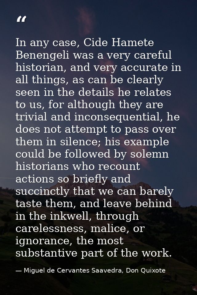 In any case, Cide Hamete Benengeli was a very careful historian, and very accurate in all things, as can be clearly seen — Miguel de Cervantes Saavedra, Don Quixote