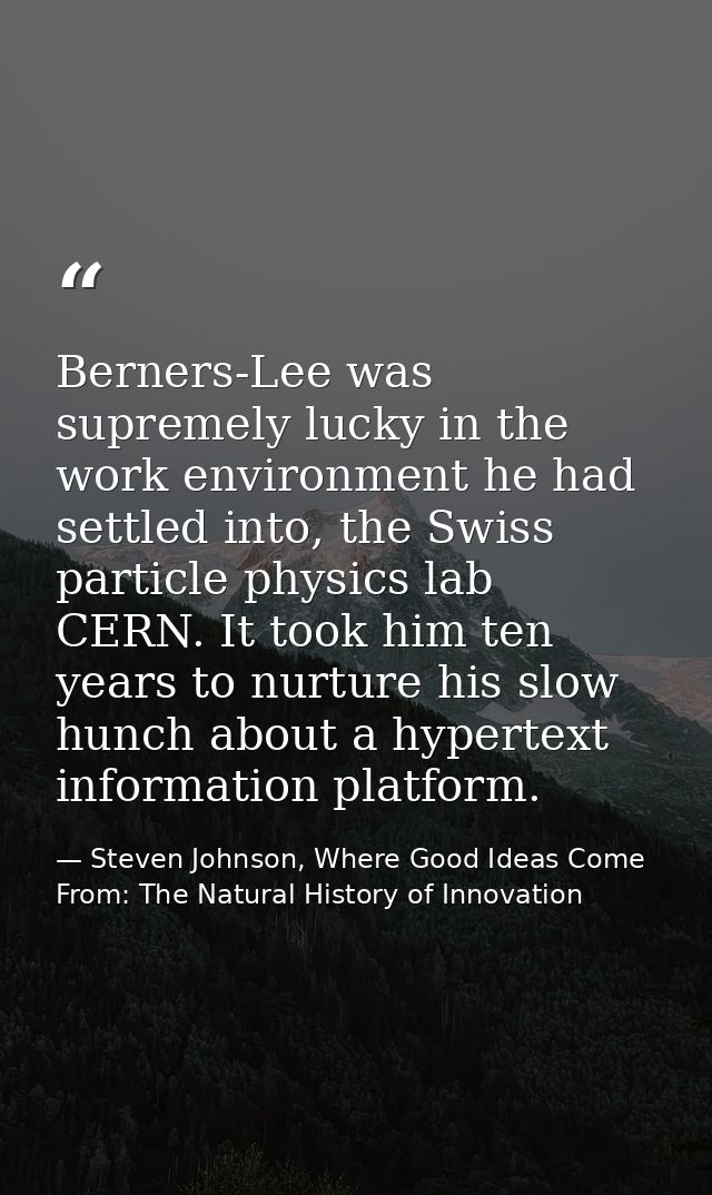 Berners-Lee was supremely lucky in the work environment he had settled into, the Swiss particle physics lab CERN. It too — Steven Johnson, Where Good Ideas Come From: The Natural History of Innovation