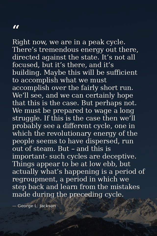 Right now, we are in a peak cycle. There’s tremendous energy out there, directed against the state. It’s not all focused — George L. Jackson