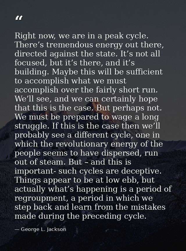 Right now, we are in a peak cycle. There’s tremendous energy out there, directed against the state. It’s not all focused — George L. Jackson
