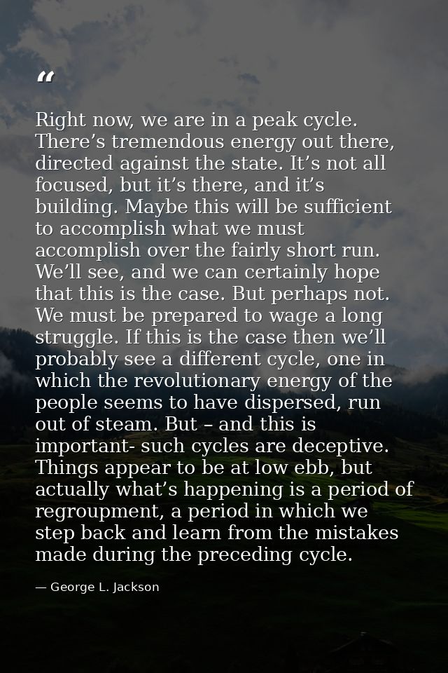 Right now, we are in a peak cycle. There’s tremendous energy out there, directed against the state. It’s not all focused — George L. Jackson