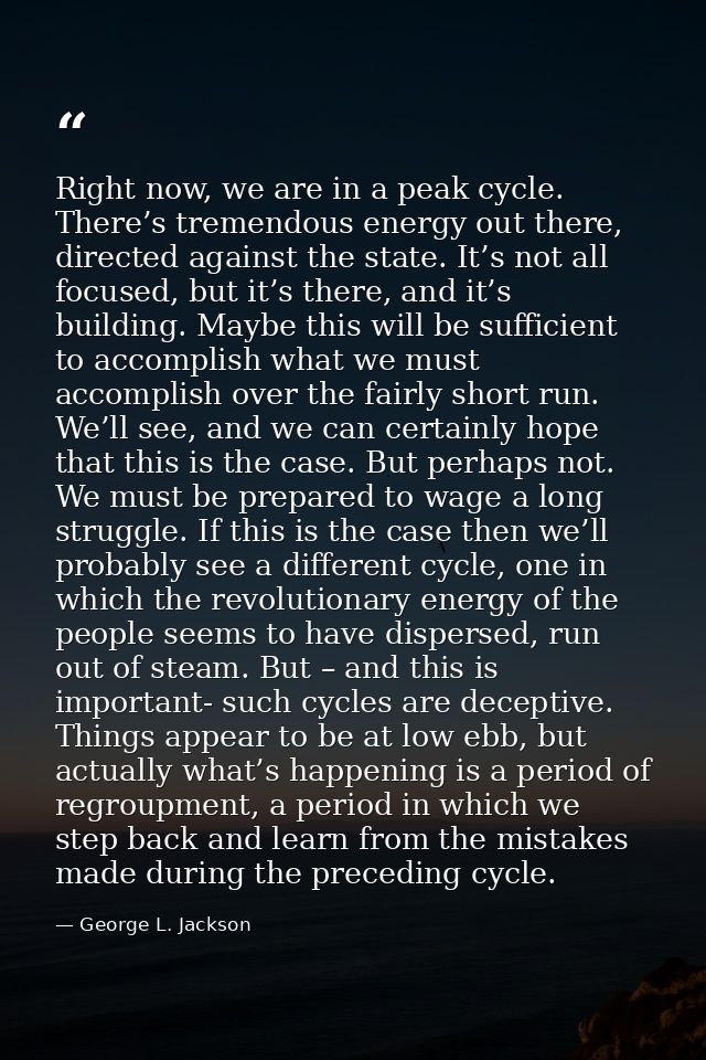 Right now, we are in a peak cycle. There’s tremendous energy out there, directed against the state. It’s not all focused — George L. Jackson