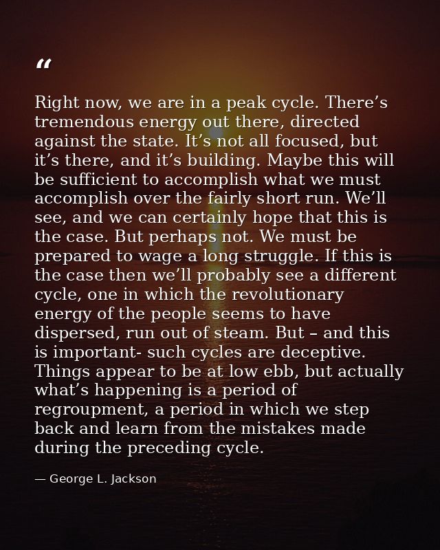 Right now, we are in a peak cycle. There’s tremendous energy out there, directed against the state. It’s not all focused — George L. Jackson