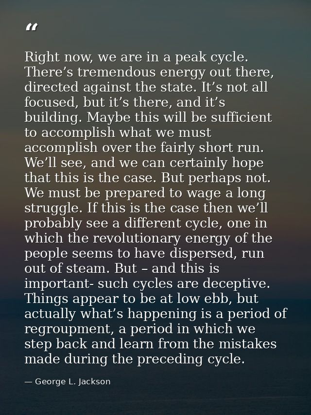 Right now, we are in a peak cycle. There’s tremendous energy out there, directed against the state. It’s not all focused — George L. Jackson