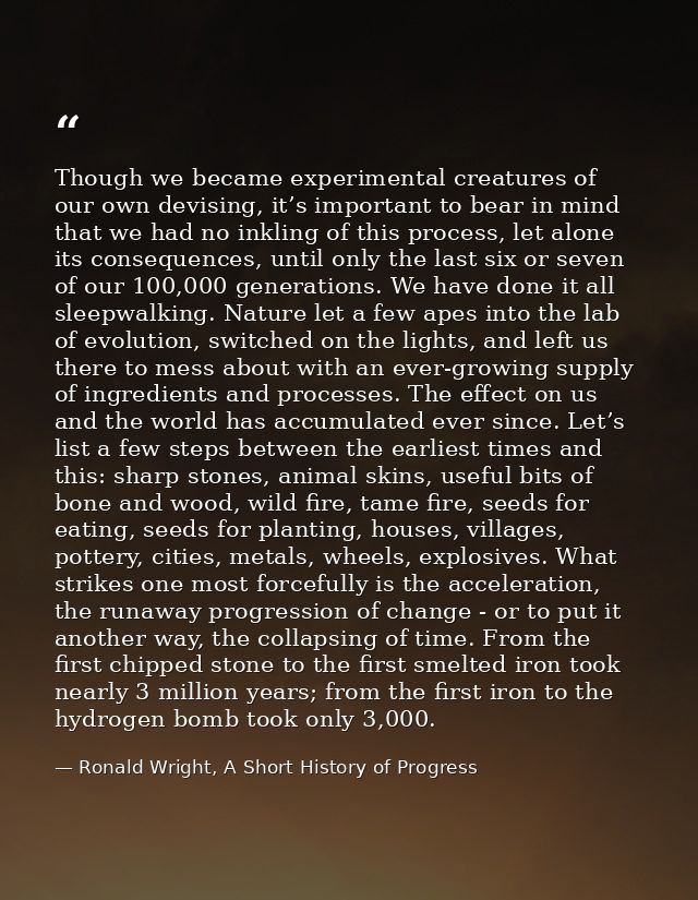 Though we became experimental creatures of our own devising, it’s important to bear in mind that we had no inkling of th — Ronald Wright, A Short History of Progress