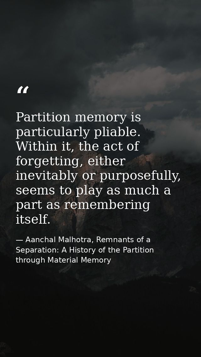 Partition memory is particularly pliable. Within it, the act of forgetting, either inevitably or purposefully, seems to  — Aanchal Malhotra, Remnants of a Separation: A History of the Partition through Material Memory