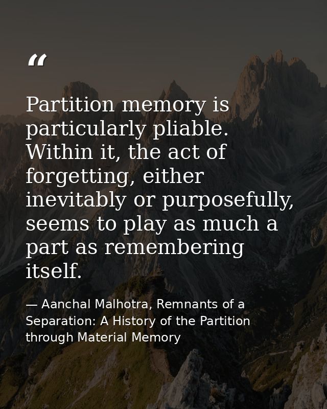 Partition memory is particularly pliable. Within it, the act of forgetting, either inevitably or purposefully, seems to  — Aanchal Malhotra, Remnants of a Separation: A History of the Partition through Material Memory