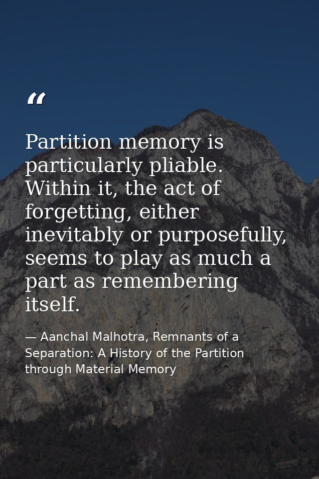 Partition memory is particularly pliable. Within it, the act of forgetting, either inevitably or purposefully, seems to  — Aanchal Malhotra, Remnants of a Separation: A History of the Partition through Material Memory