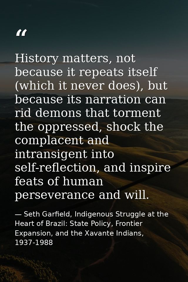 History matters, not because it repeats itself (which it never does), but because its narration can rid demons that torm — Seth Garfield, Indigenous Struggle at the Heart of Brazil: State Policy, Frontier Expansion, and the Xavante Indians, 1937-1988