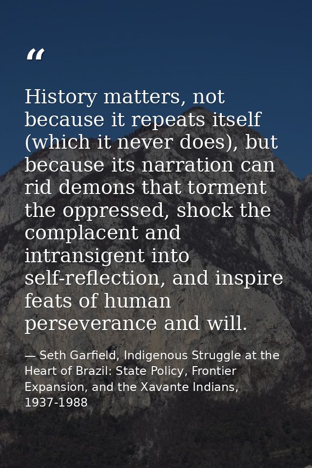 History matters, not because it repeats itself (which it never does), but because its narration can rid demons that torm — Seth Garfield, Indigenous Struggle at the Heart of Brazil: State Policy, Frontier Expansion, and the Xavante Indians, 1937-1988