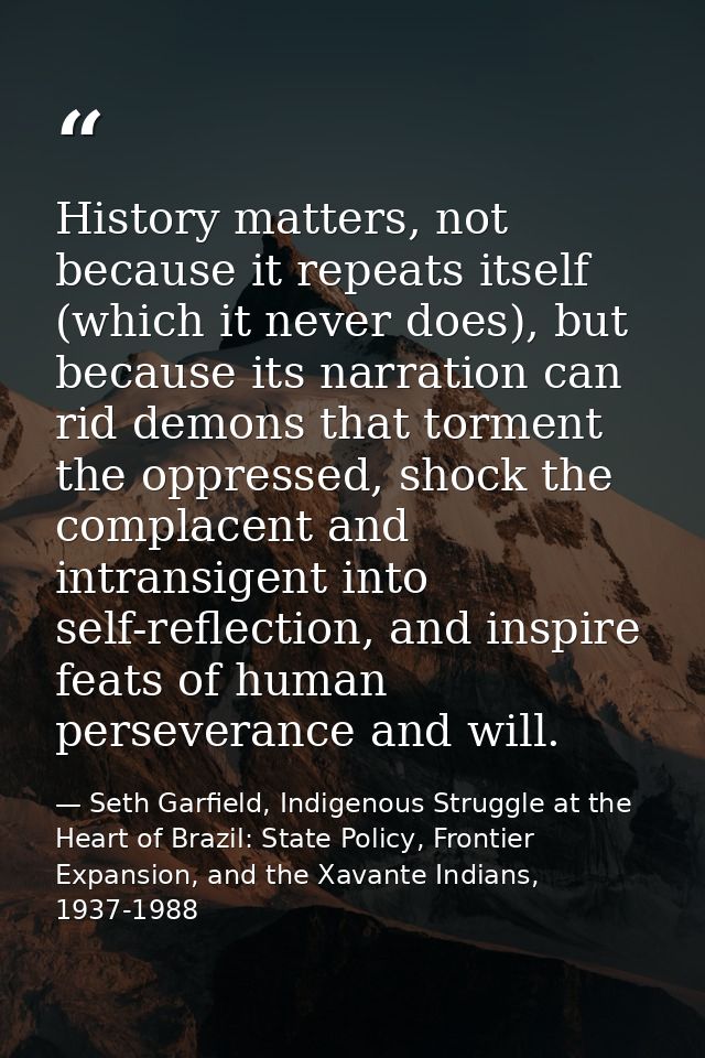 History matters, not because it repeats itself (which it never does), but because its narration can rid demons that torm — Seth Garfield, Indigenous Struggle at the Heart of Brazil: State Policy, Frontier Expansion, and the Xavante Indians, 1937-1988