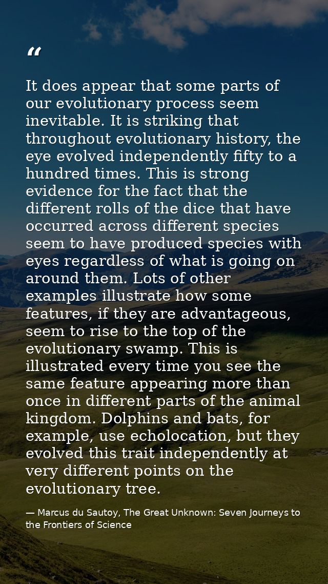 It does appear that some parts of our evolutionary process seem inevitable. It is striking that throughout evolutionary  — Marcus du Sautoy, The Great Unknown: Seven Journeys to the Frontiers of Science