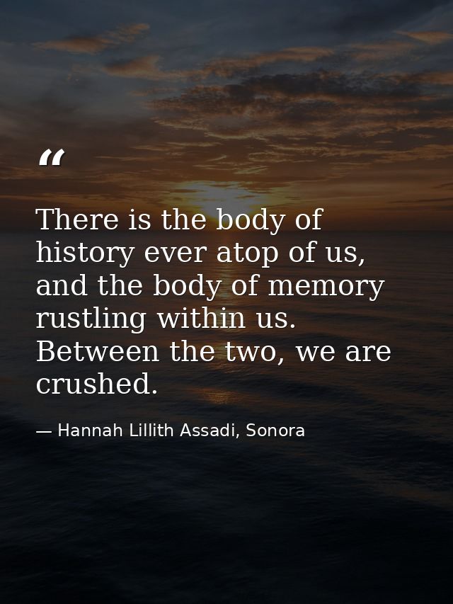 There is the body of history ever atop of us, and the body of memory rustling within us. Between the two, we are crushed — Hannah Lillith Assadi, Sonora