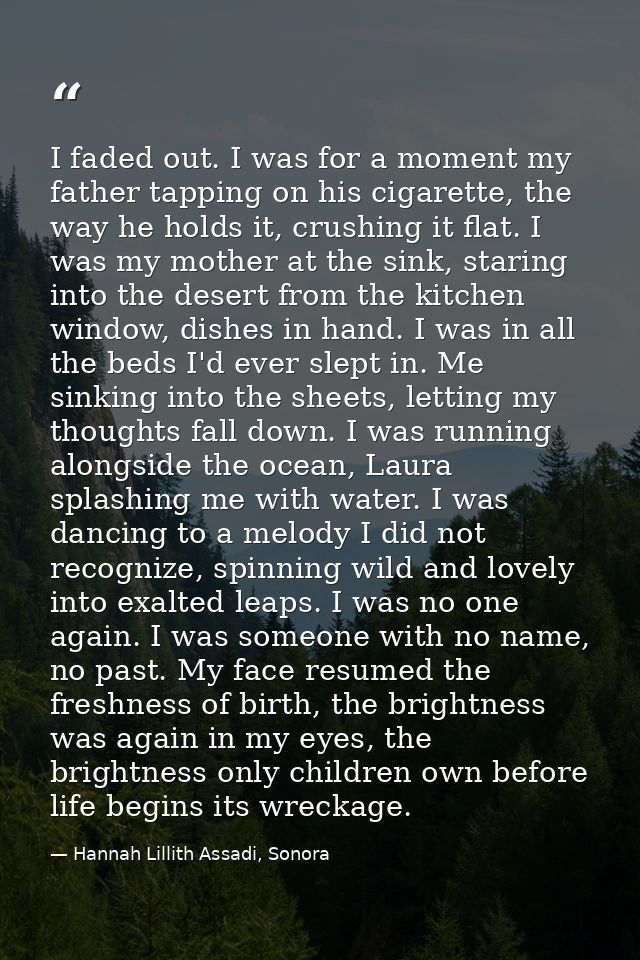 I faded out. I was for a moment my father tapping on his cigarette, the way he holds it, crushing it flat. I was my moth — Hannah Lillith Assadi, Sonora