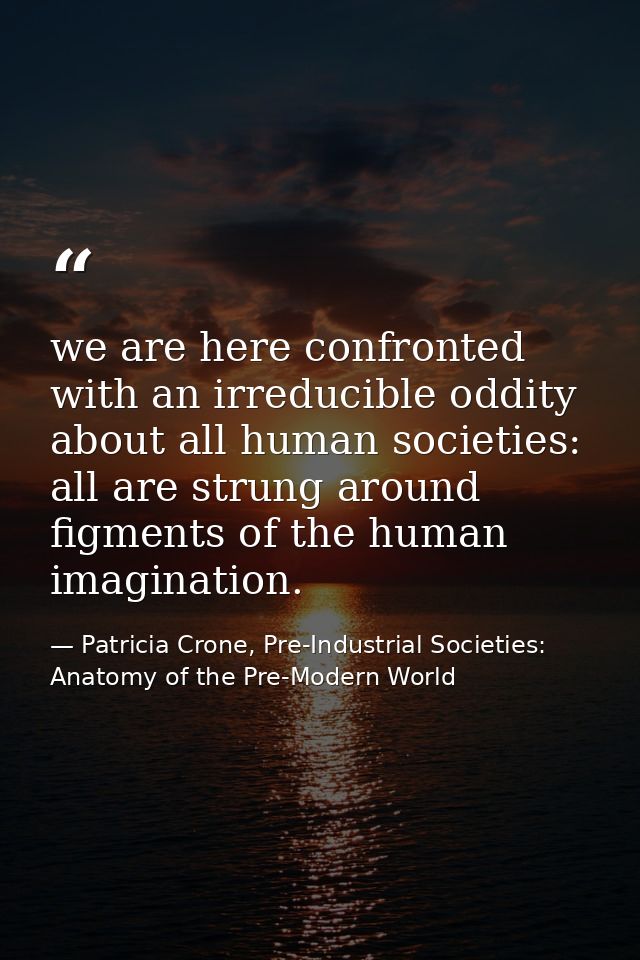 we are here confronted with an irreducible oddity about all human societies: all are strung around figments of the human — Patricia Crone, Pre-Industrial Societies: Anatomy of the Pre-Modern World