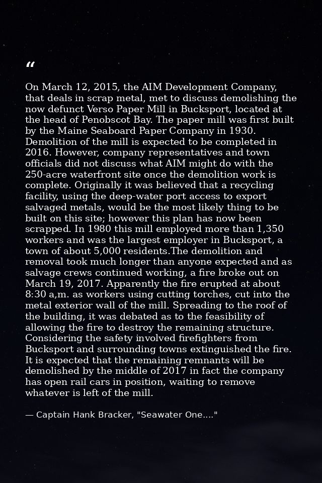 On March 12, 2015, the AIM Development Company, that deals in scrap metal, met to discuss demolishing the now defunct Ve — Captain Hank Bracker, "Seawater One...."