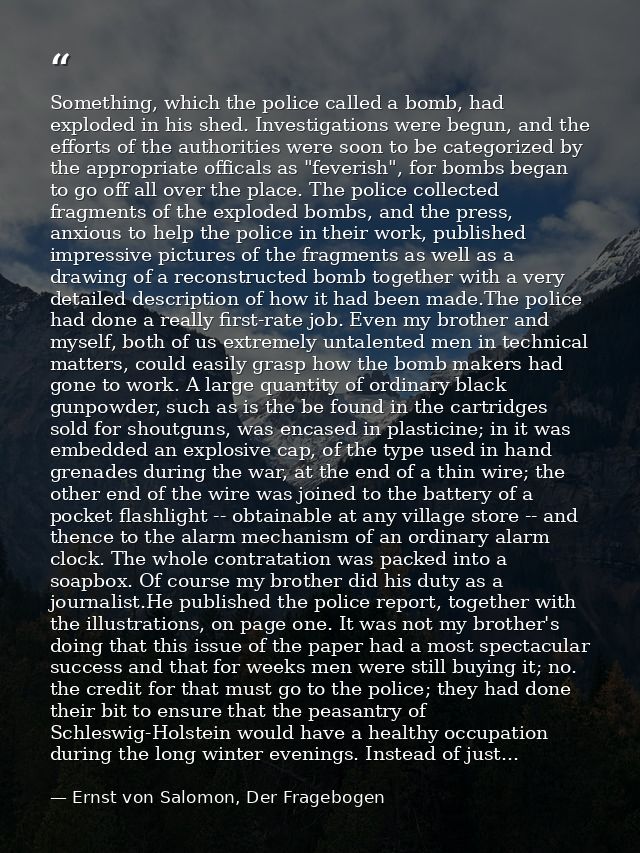 Something, which the police called a bomb, had exploded in his shed. Investigations were begun, and the efforts of the a — Ernst von Salomon, Der Fragebogen