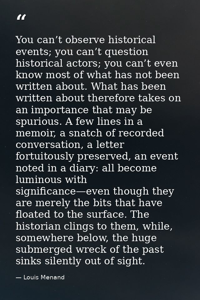 You can’t observe historical events; you can’t question historical actors; you can’t even know most of what has not been — Louis Menand