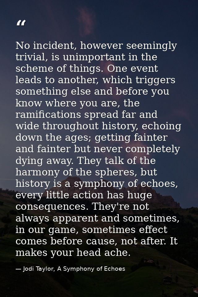 No incident, however seemingly trivial, is unimportant in the scheme of things. One event leads to another, which trigge — Jodi Taylor, A Symphony of Echoes