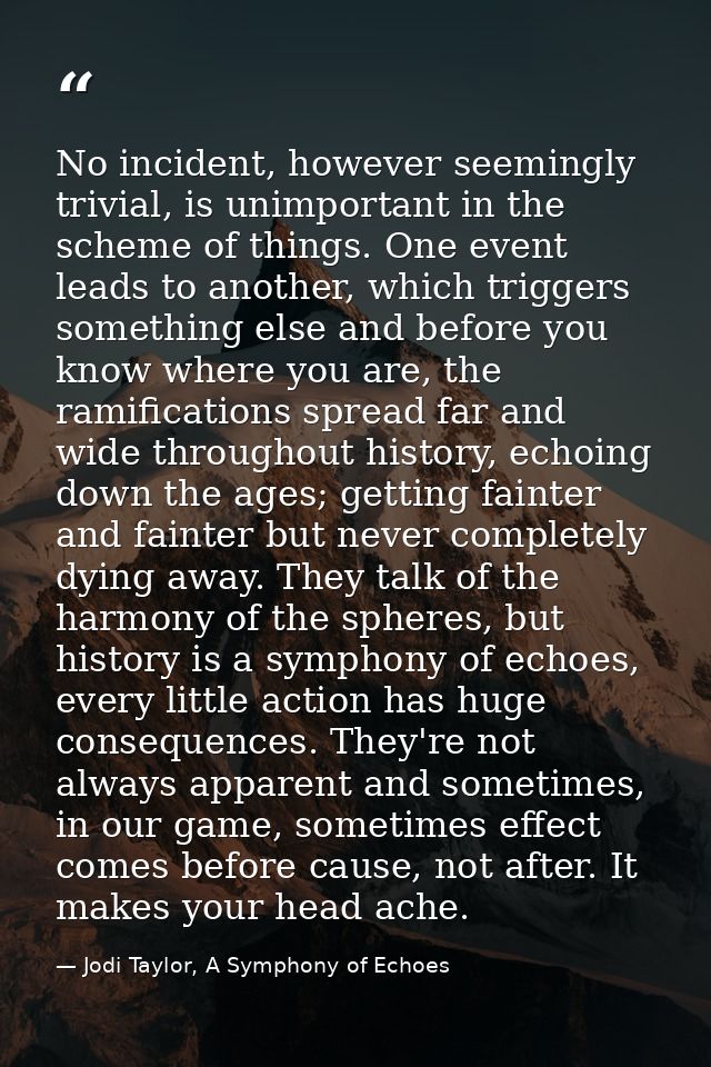 No incident, however seemingly trivial, is unimportant in the scheme of things. One event leads to another, which trigge — Jodi Taylor, A Symphony of Echoes