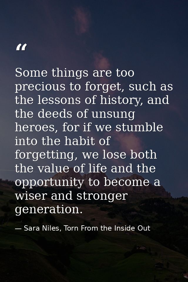 Some things are too precious to forget, such as the lessons of history, and the deeds of unsung heroes, for if we stumbl — Sara Niles, Torn From the Inside Out