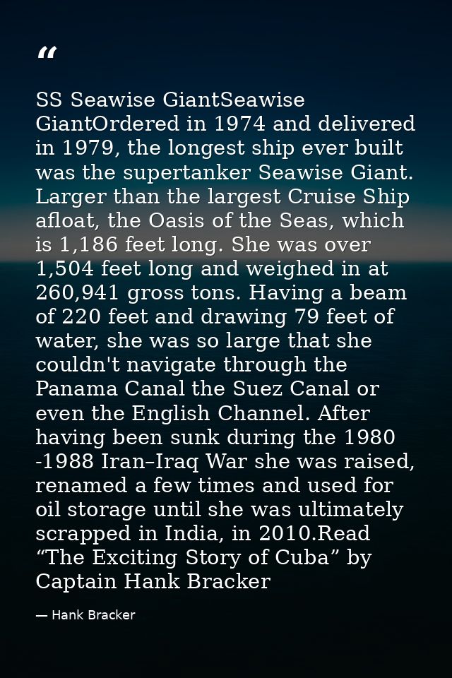 SS Seawise GiantSeawise GiantOrdered in 1974 and delivered in 1979, the longest ship ever built was the supertanker Seaw — Hank Bracker