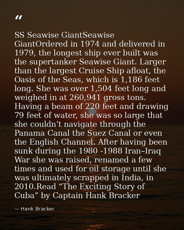 SS Seawise GiantSeawise GiantOrdered in 1974 and delivered in 1979, the longest ship ever built was the supertanker Seaw — Hank Bracker