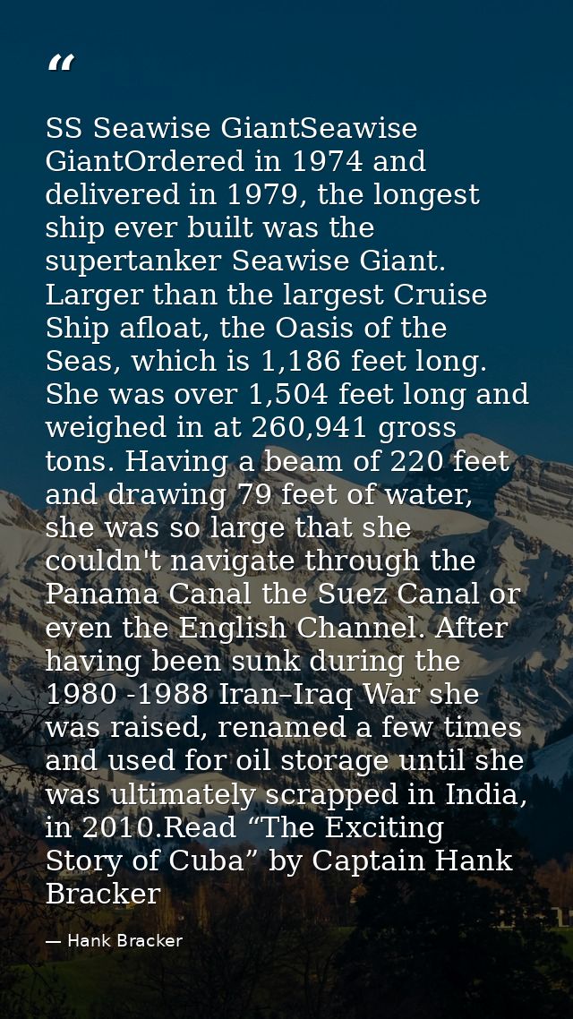 SS Seawise GiantSeawise GiantOrdered in 1974 and delivered in 1979, the longest ship ever built was the supertanker Seaw — Hank Bracker