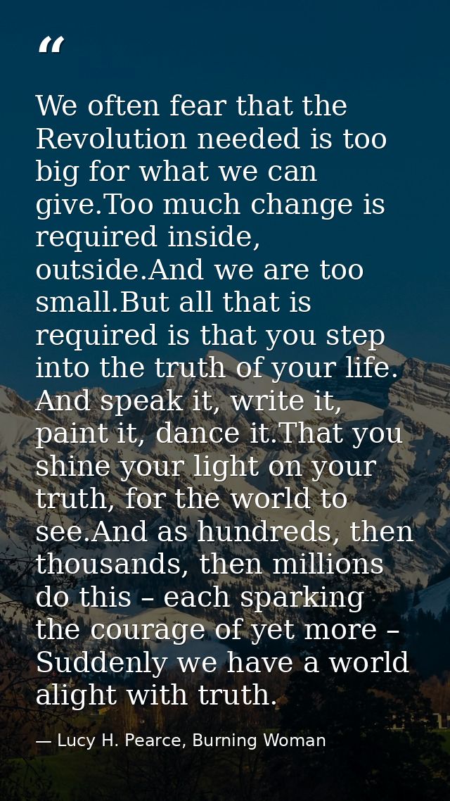 We often fear that the Revolution needed is too big for what we can give.Too much change is required inside, outside.And — Lucy H. Pearce, Burning Woman