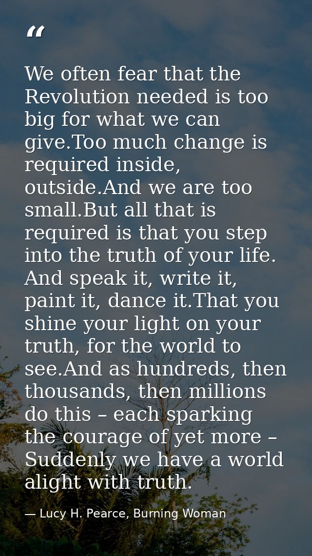 We often fear that the Revolution needed is too big for what we can give.Too much change is required inside, outside.And — Lucy H. Pearce, Burning Woman