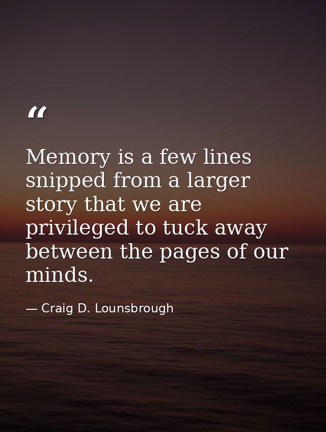 Memory is a few lines snipped from a larger story that we are privileged to tuck away between the pages of our minds. — Craig D. Lounsbrough