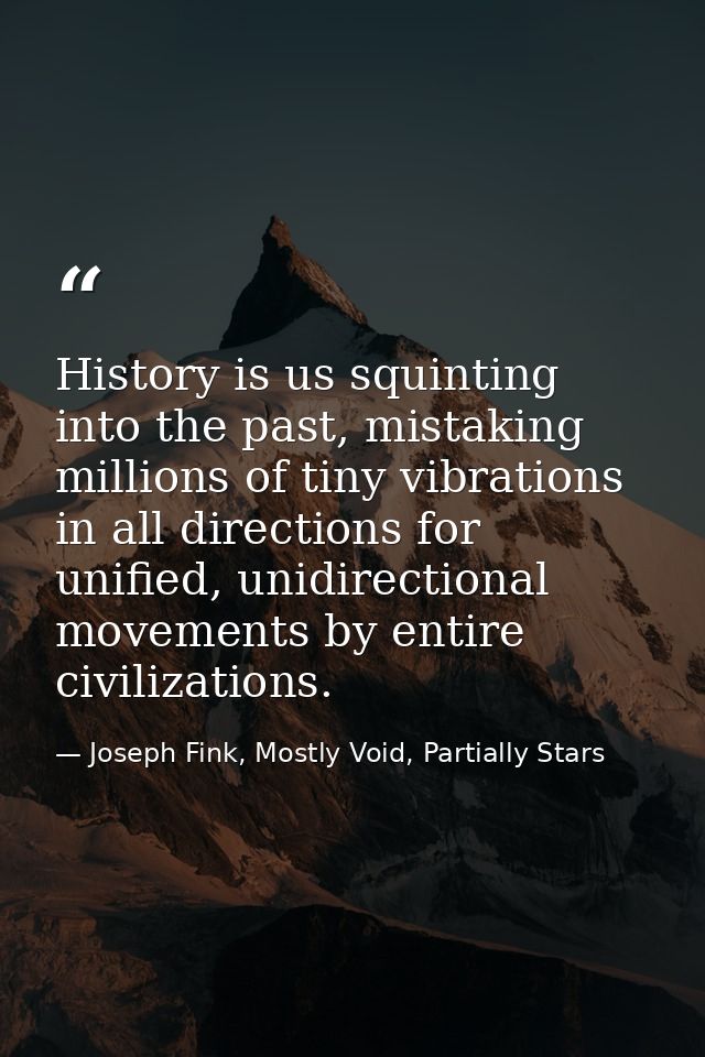 History is us squinting into the past, mistaking millions of tiny vibrations in all directions for unified, unidirection — Joseph Fink, Mostly Void, Partially Stars