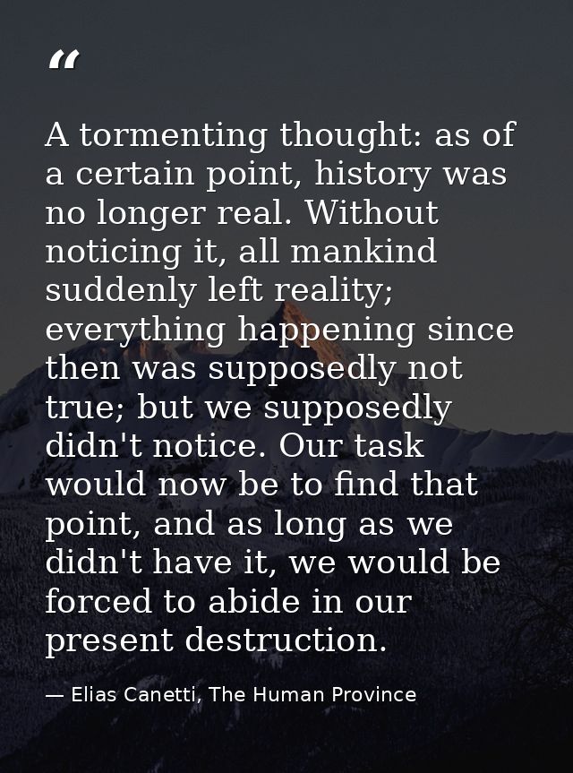 A tormenting thought: as of a certain point, history was no longer real. Without noticing it, all mankind suddenly left  — Elias Canetti, The Human Province