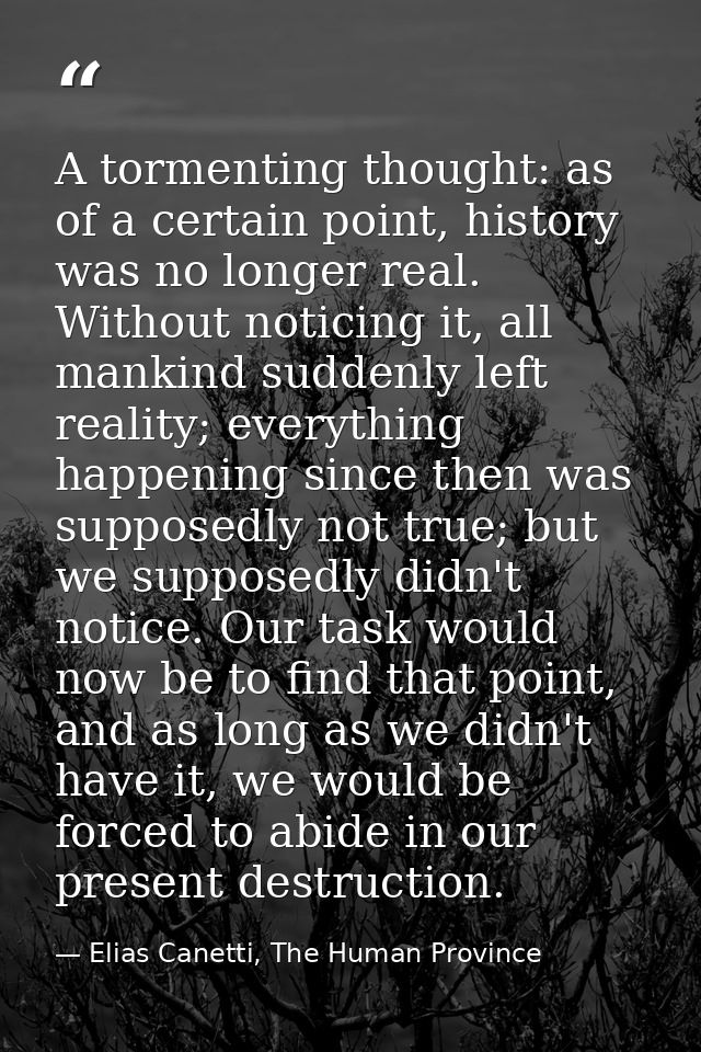 A tormenting thought: as of a certain point, history was no longer real. Without noticing it, all mankind suddenly left  — Elias Canetti, The Human Province