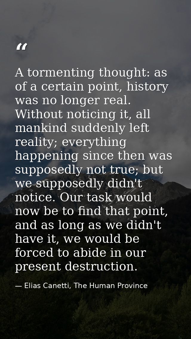 A tormenting thought: as of a certain point, history was no longer real. Without noticing it, all mankind suddenly left  — Elias Canetti, The Human Province
