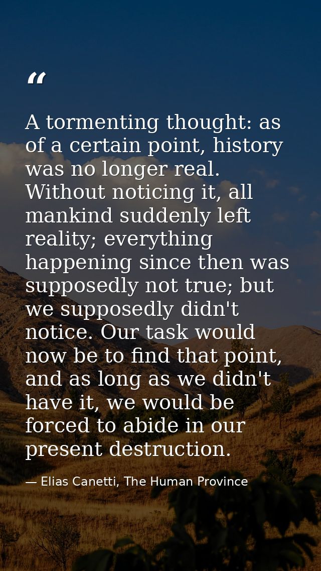 A tormenting thought: as of a certain point, history was no longer real. Without noticing it, all mankind suddenly left  — Elias Canetti, The Human Province