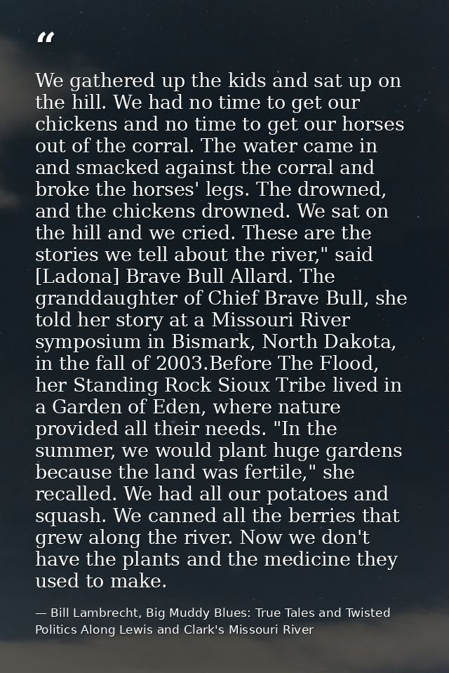 We gathered up the kids and sat up on the hill. We had no time to get our chickens and no time to get our horses out of  — Bill Lambrecht, Big Muddy Blues: True Tales and Twisted Politics Along Lewis and Clark's Missouri River