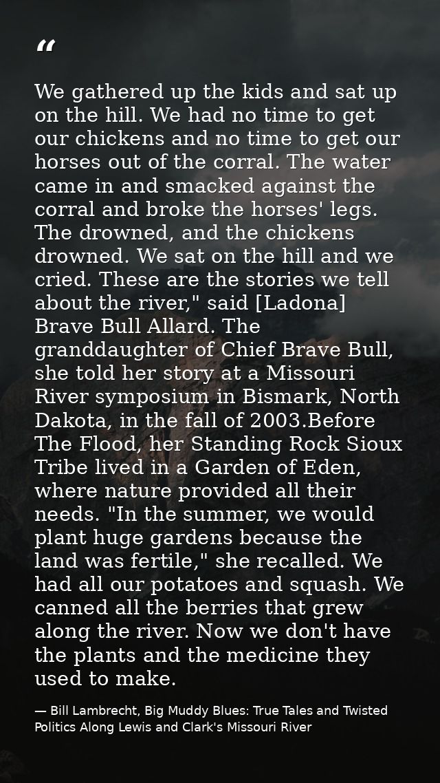 We gathered up the kids and sat up on the hill. We had no time to get our chickens and no time to get our horses out of  — Bill Lambrecht, Big Muddy Blues: True Tales and Twisted Politics Along Lewis and Clark's Missouri River