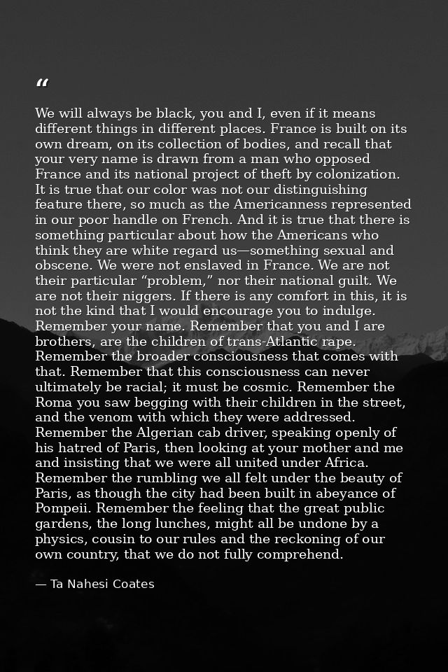 We will always be black, you and I, even if it means different things in different places. France is built on its own dr — Ta Nahesi Coates