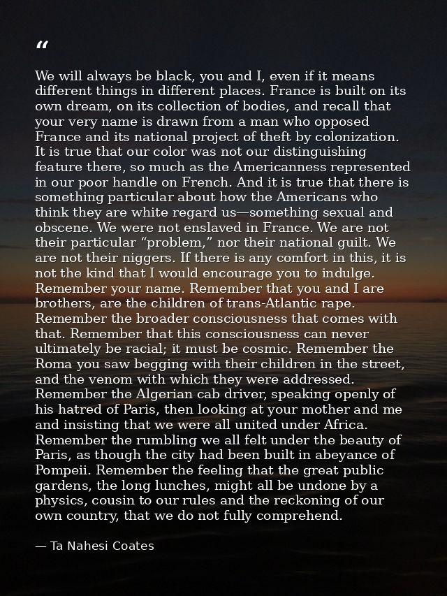 We will always be black, you and I, even if it means different things in different places. France is built on its own dr — Ta Nahesi Coates