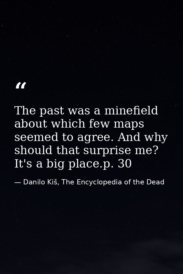 The past was a minefield about which few maps seemed to agree. And why should that surprise me? It's a big place.p. 30 — Danilo Kiš, The Encyclopedia of the Dead