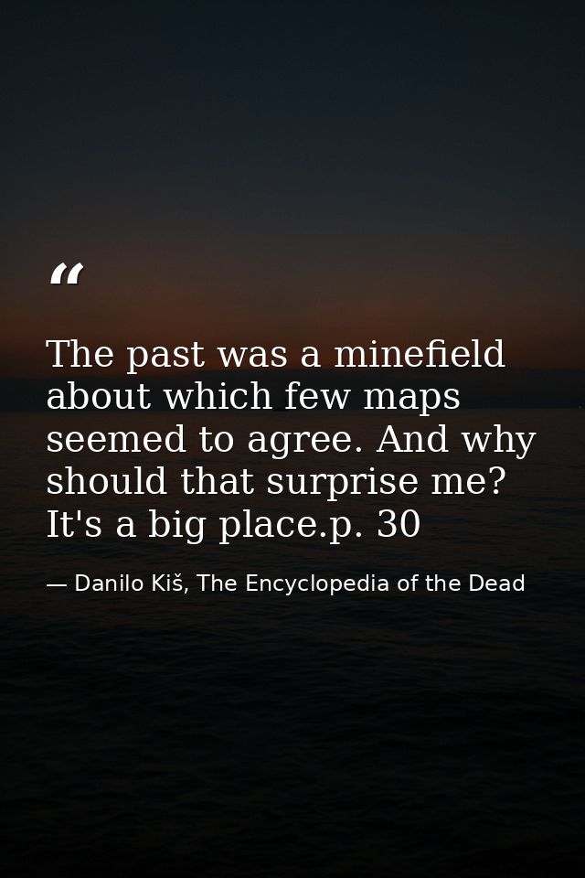 The past was a minefield about which few maps seemed to agree. And why should that surprise me? It's a big place.p. 30 — Danilo Kiš, The Encyclopedia of the Dead