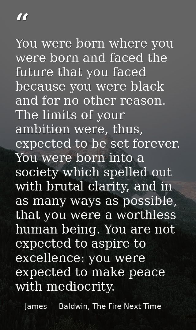 You were born where you were born and faced the future that you faced because you were black and for no other reason. Th — James     Baldwin, The Fire Next Time